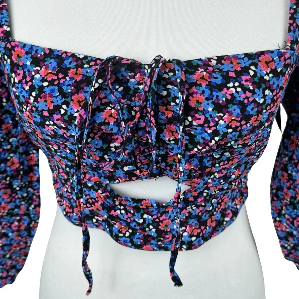 Zara Colorful Floral Convertible Halter 3/4 Sleeve Off Shoulder Crop Top Medium